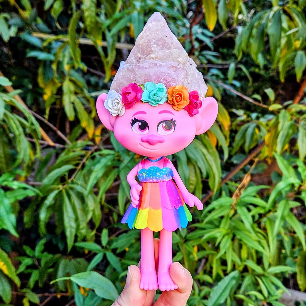 Rose Quartz Crystal Troll Poppy 6" Rainbow Dress