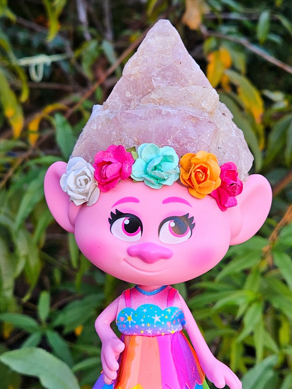 Rose Quartz Crystal Troll Poppy 6" Rainbow Dress