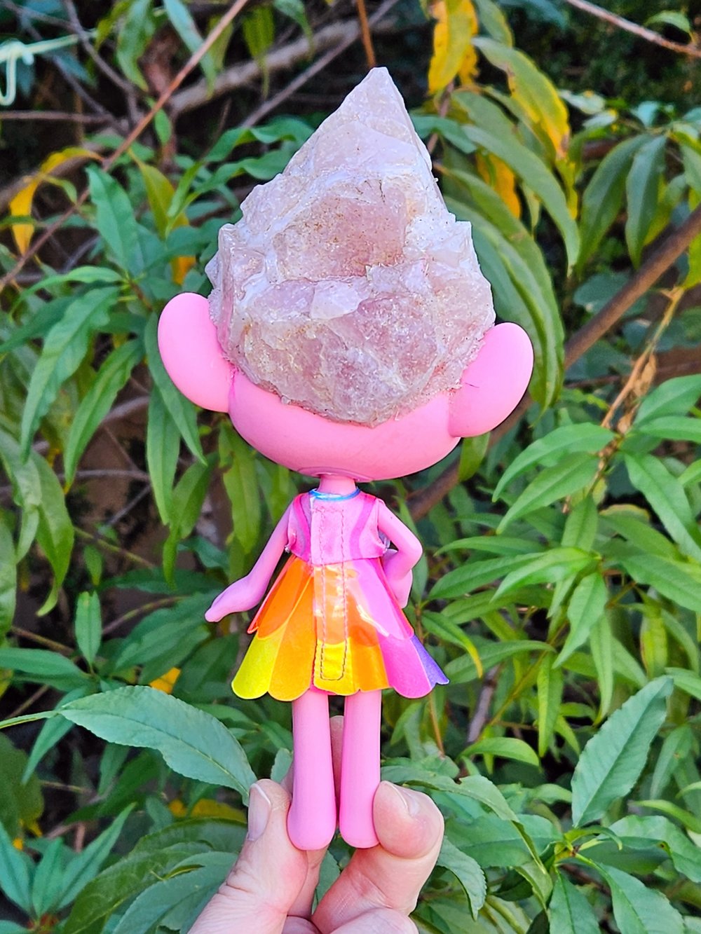 Rose Quartz Crystal Troll Poppy 6" Rainbow Dress