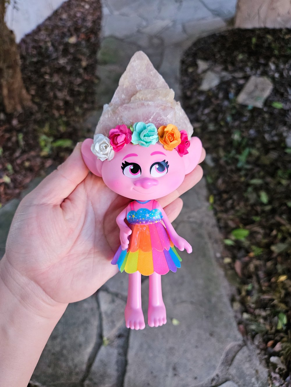 Rose Quartz Crystal Troll Poppy 6" Rainbow Dress