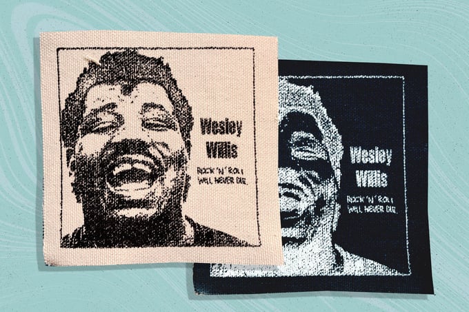 Image of Wesley Willis Logo Screen printed canvas patch 4" Fiasco rock n roll will never die