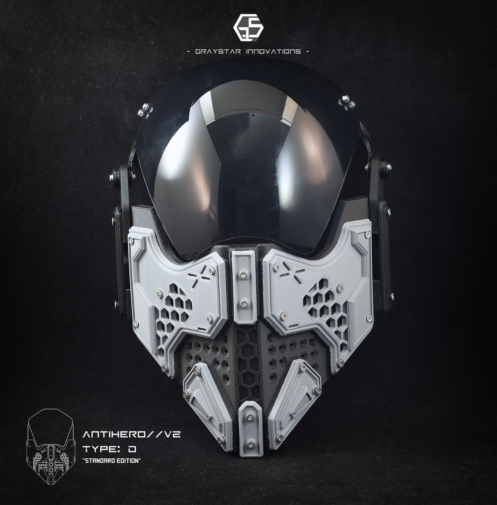 ANTIHERO // V2 - D : Standard Edition "Black and Grey" 3d Printed Cyber Armor Mask