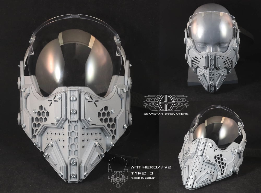 ANTIHERO // V2 - D : Standard Edition "Grey and Clear" 3d Printed Cyber Armor Mask