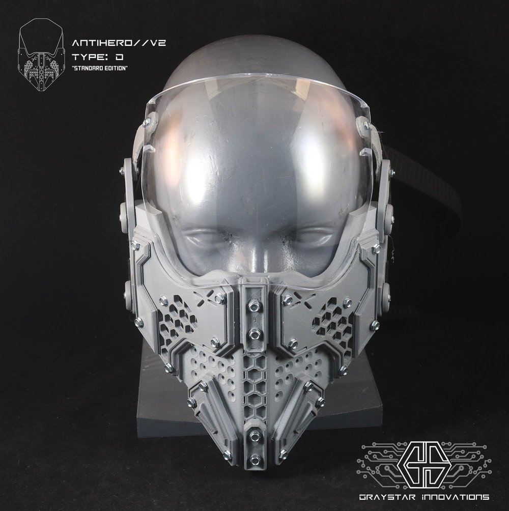 ANTIHERO // V2 - D : Standard Edition "Grey and Clear" 3d Printed Cyber Armor Mask