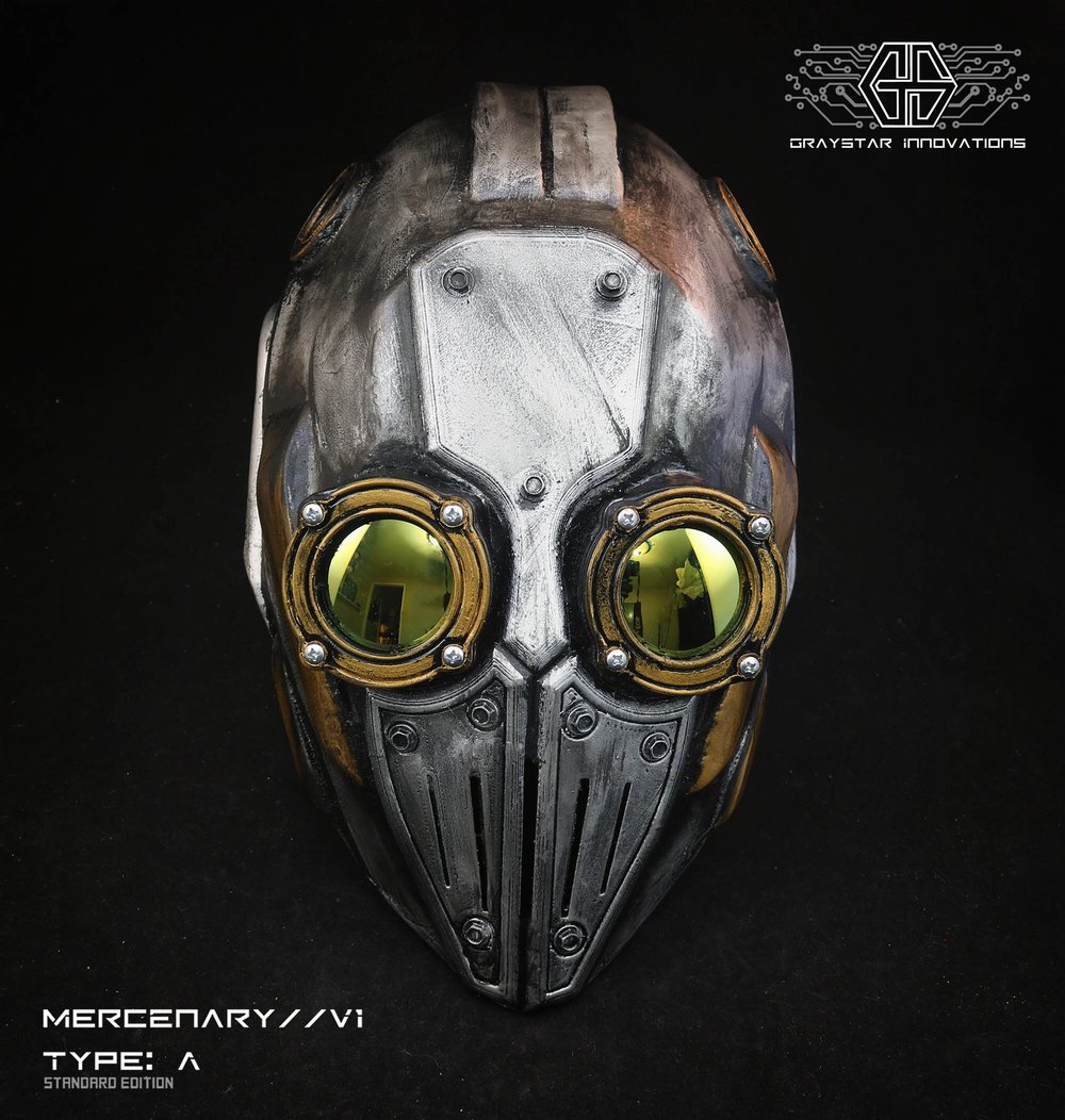 MERCENARY // V1 Type: A Full Helmet Cyberpunk Armor "Battle Worn Silver"