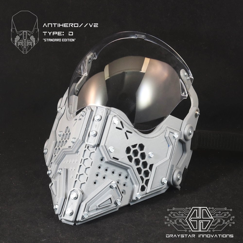 ANTIHERO // V2 - D : Standard Edition "Grey and Clear" 3d Printed Cyber Armor Mask