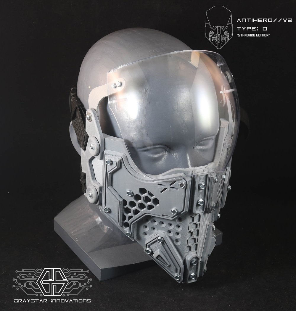 ANTIHERO // V2 - D : Standard Edition "Grey and Clear" 3d Printed Cyber Armor Mask