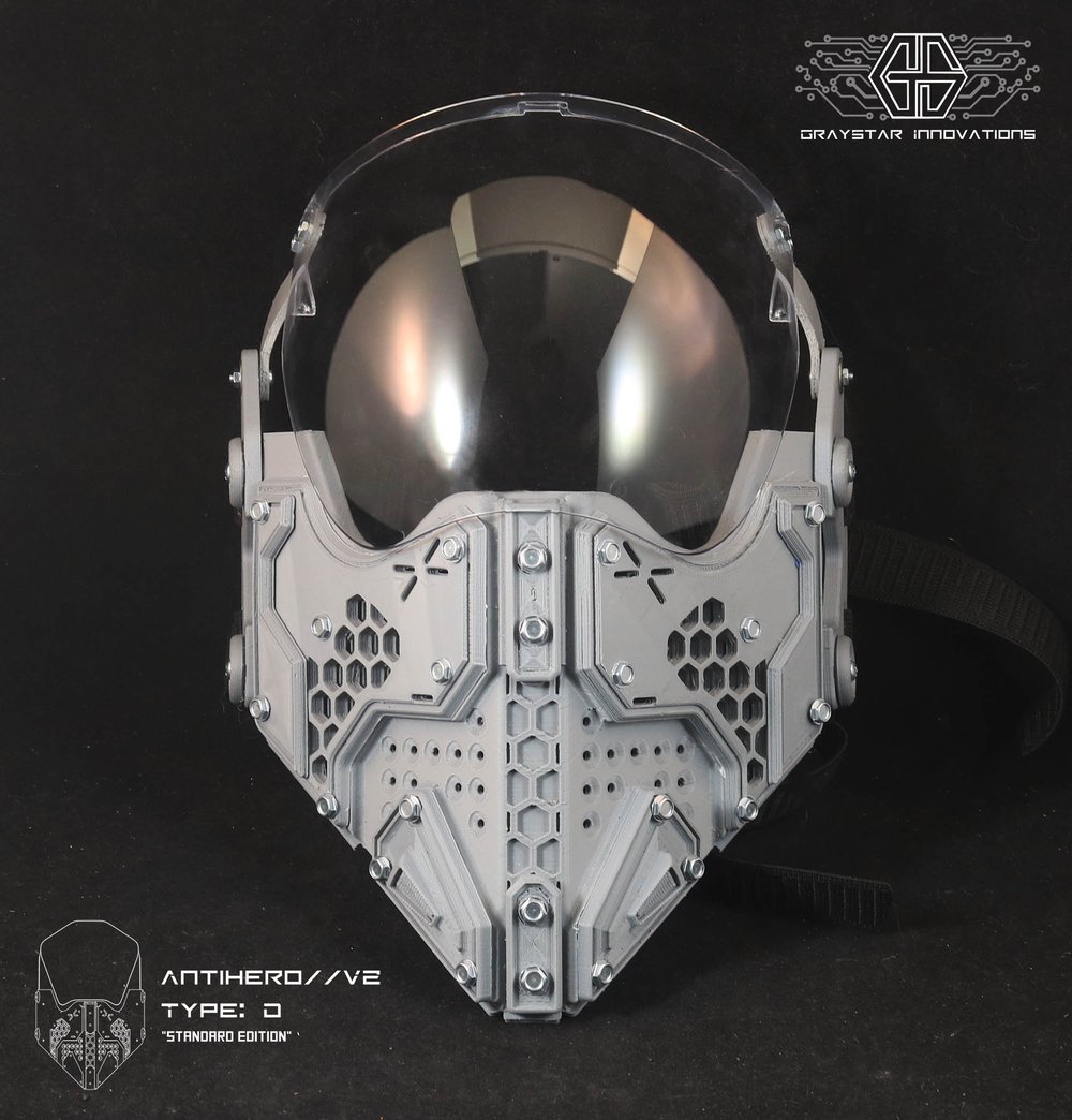 ANTIHERO // V2 - D : Standard Edition "Grey and Clear" 3d Printed Cyber Armor Mask