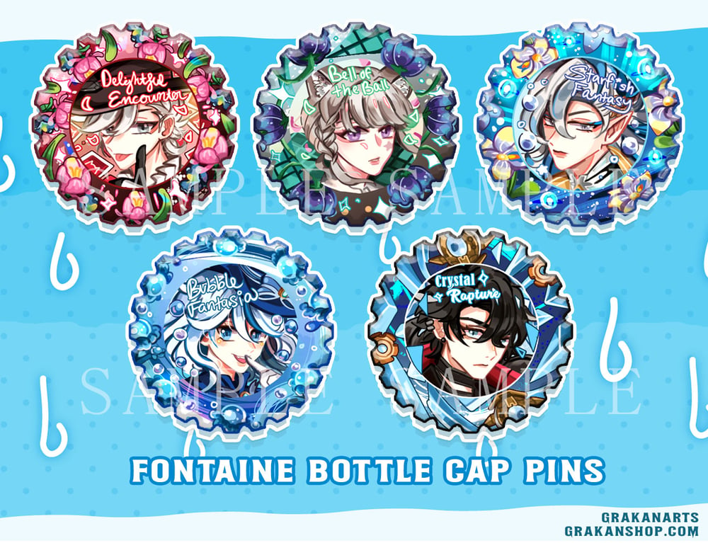 Image of [PREORDER] Genshin Impact Fontaine Bottle Cap Pins 
