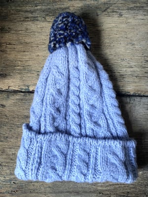Image of Alpaca Beanie - Light Pastel Sky Cable with ponpon £60.00