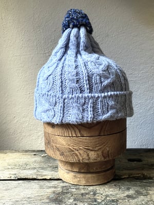 Image of Alpaca Beanie - Light Pastel Sky Cable with ponpon £60.00