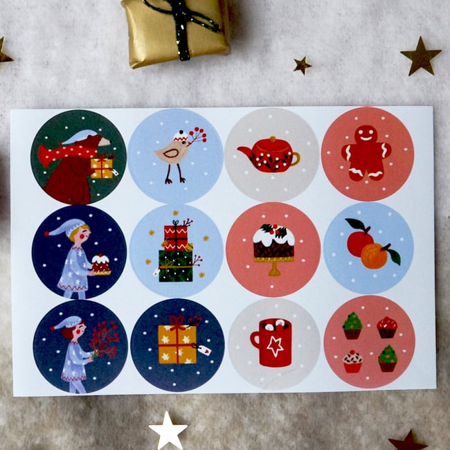 Collection "Barnabé l'ours de Noël": planche de stickers ronds 
