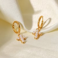 Image 2 of Gold Plated Stainless Steel Cross Inlay Artificial Pearl Earrings