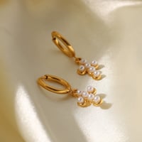 Image 3 of Gold Plated Stainless Steel Cross Inlay Artificial Pearl Earrings