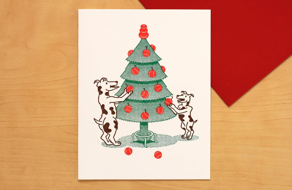 Image of DOGS DECORATING CHRISTMAS TREE HOLIDAY Card