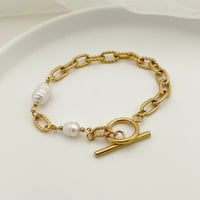 Image 2 of Gold Plated Stainless Steel Toggle Pearl Bracelet