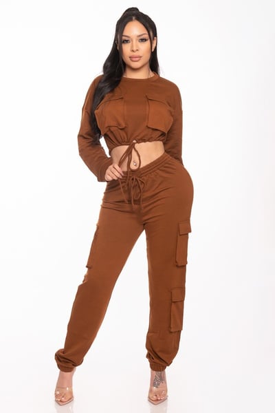 Image of 3PACK  2-PIECE CROP TOP JOGGER SET-CHOCOLATE BROWN