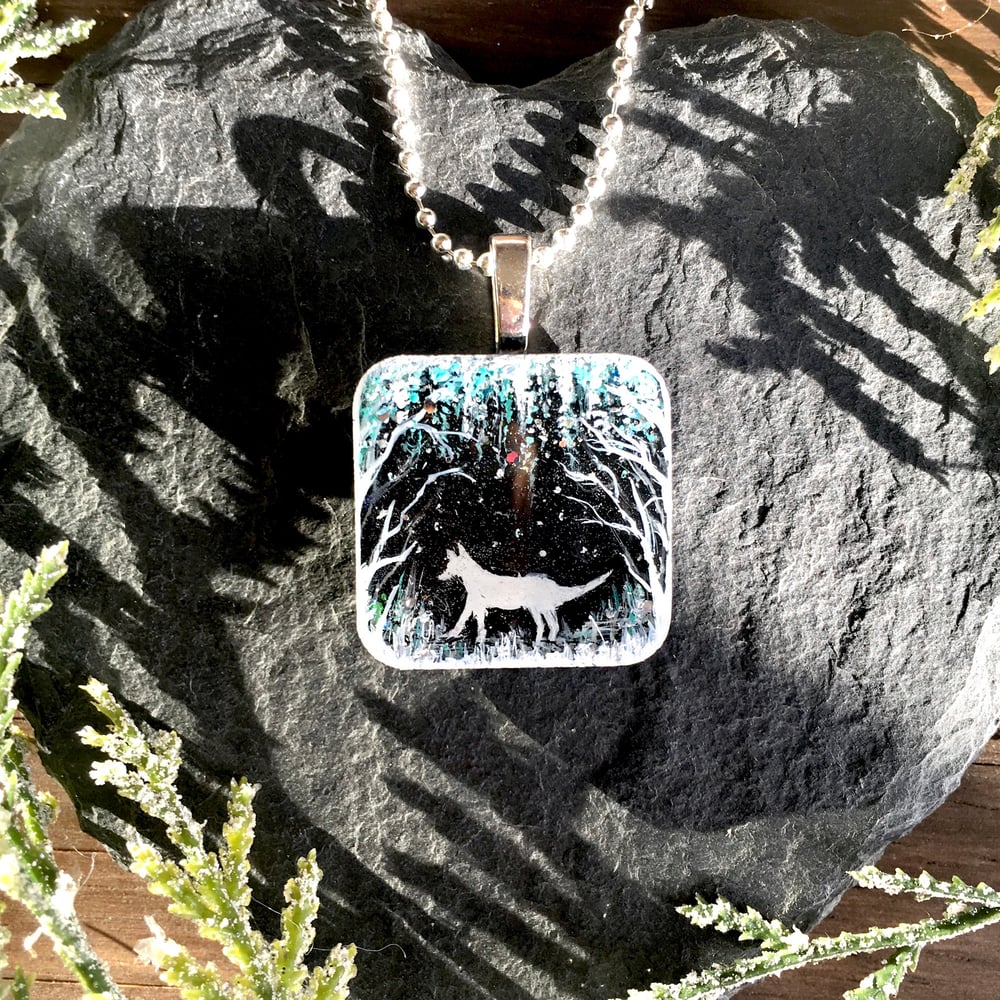 Fox in Winter Forest Square Resin Pendant