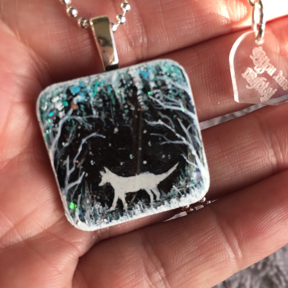 Fox in Winter Forest Square Resin Pendant