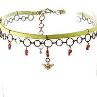 Image 2 of Bright Yellow-Green and Brass Choker with a Brass Bee