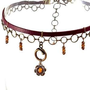 Image of Brown Leather and Brass Choker with Topaz Crystal and Brass Swirl