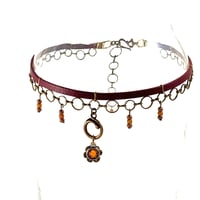 Image 1 of Brown Leather and Brass Choker with Topaz Crystal and Brass Swirl