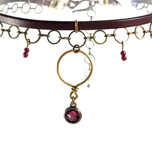 Image of Brown Leather and Brass Choker with Amethyst Crystal on Brass Ring