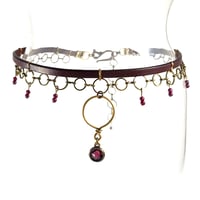 Image 1 of Brown Leather and Brass Choker with Amethyst Crystal on Brass Ring