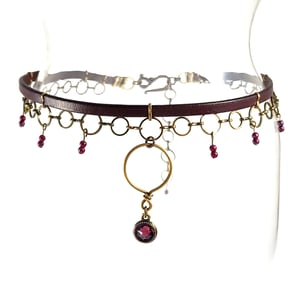 Image of Brown Leather and Brass Choker with Amethyst Crystal on Brass Ring