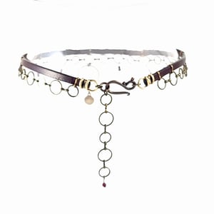 Image of Brown Leather and Brass Choker with Amethyst Crystal on Brass Ring