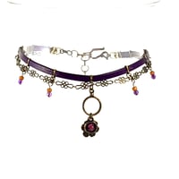 Image 1 of Purple Leather and Brass Choker with Amethyst Crystal on Brass Ring