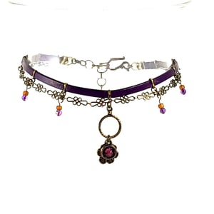 Image of Purple Leather and Brass Choker with Amethyst Crystal on Brass Ring