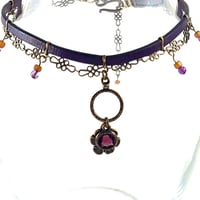 Image 2 of Purple Leather and Brass Choker with Amethyst Crystal on Brass Ring