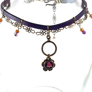 Image of Purple Leather and Brass Choker with Amethyst Crystal on Brass Ring