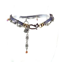 Image 3 of Purple Leather and Brass Choker with Amethyst Crystal on Brass Ring