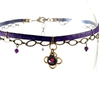 Image 2 of Purple Leather and Brass Choker with Amethyst Crystal