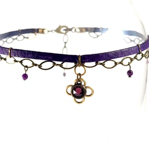 Image of Purple Leather and Brass Choker with Amethyst Crystal