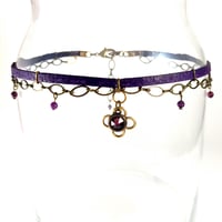 Image 1 of Purple Leather and Brass Choker with Amethyst Crystal