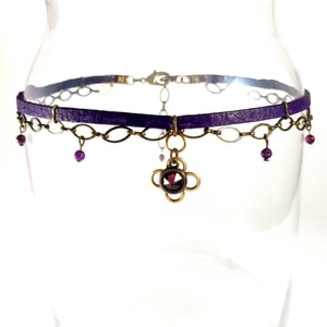 Image of Purple Leather and Brass Choker with Amethyst Crystal