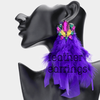 Image 1 of Festive Multi Stone and Feather Mardi Gras Party Earrings for Women, Fat Tuesday Jewelry,