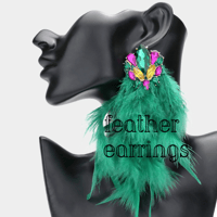 Image 2 of Festive Multi Stone and Feather Mardi Gras Party Earrings for Women, Fat Tuesday Jewelry,