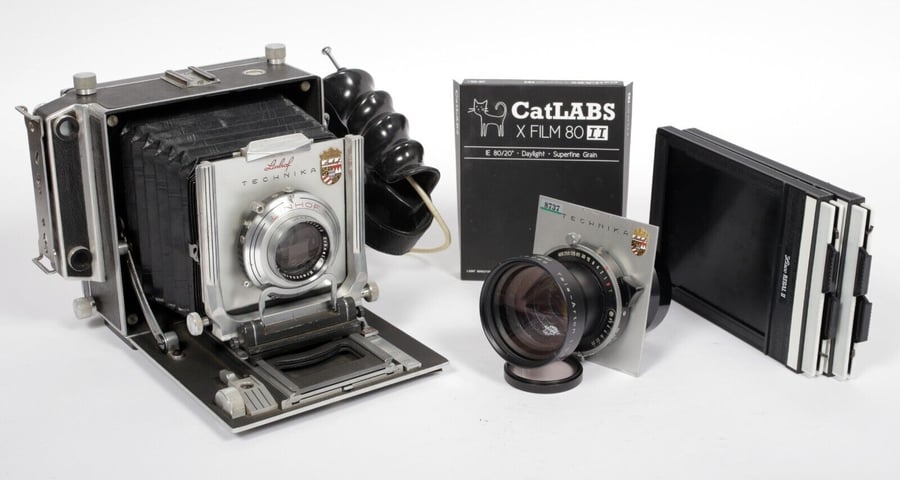 Image of Linhof Technika III 4X5 camera w/ 150mm + 250mm lenses + film + holders + MORE