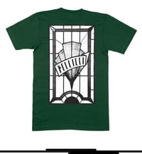 Image 1 of BLACK AND WHITE STAINED GLASS WINDOW T SHIRT  BOTTLE GREEN