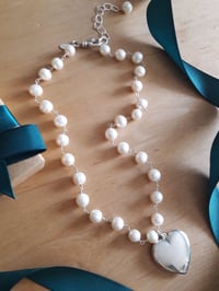 Image 3 of 5HB White Pearl and Puffy Heart Necklace