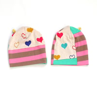 Image 1 of hearts pink green soft patchwork cotton blend sweater teen adult courtneycourtney beanie hat