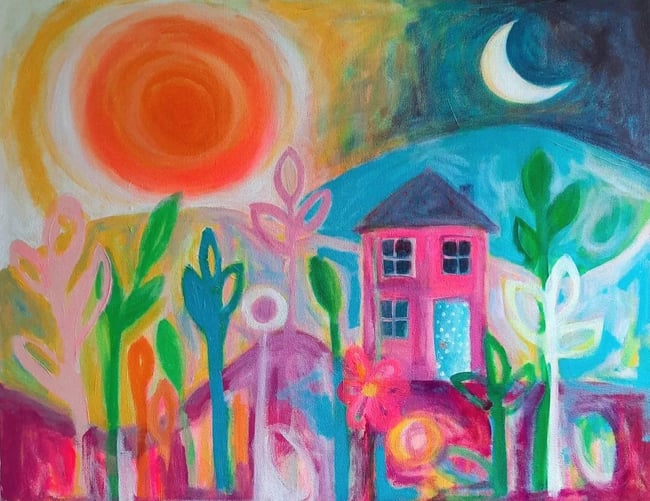 Hazy summer day & a crescent moon. Original canvas painting