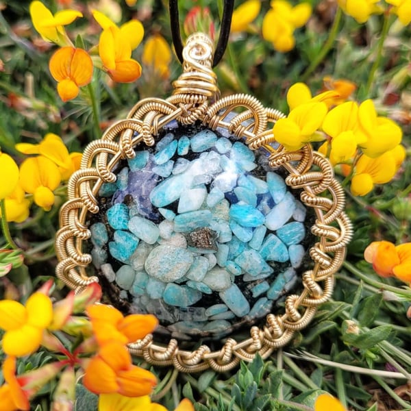 Image of Wire Wrapped Amazonite Orgonite Pendant | Copper Wire Art | Throat Chakra Crystal