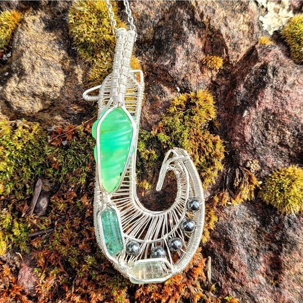 Image of Sterling Silver Wire Wrapped Chrysoprase, Blue Tourmaline, & Hematite | Fish Hook Jewelry