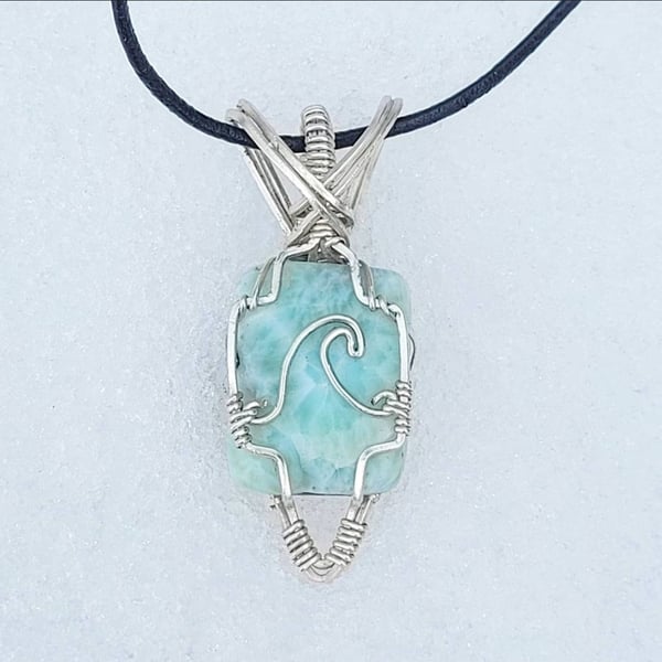 Image of Wire Wrapped Larimar Sea Wave Pendant | Sterling Silver Wire Art | Throat Chakra Crystal