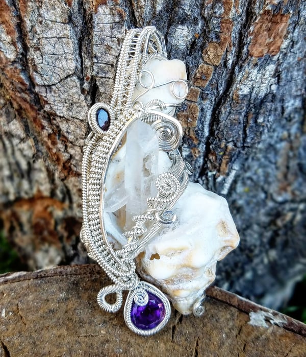 Image of Wire Wrapped Sterling Silver Quartz, Garnet, Amethyst, & Sea Shell Pendant | Crown Chakra Crystal